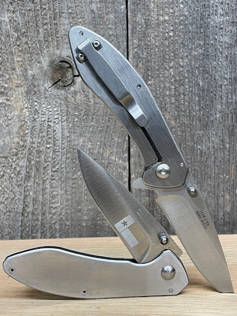 #1108CSS - TEXAS FLAG STAINLESS STEEL EASY OPEN CLIP KNIFE W/ LINER LOCK - 4"