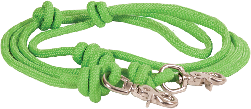 5/16″ X 8′ MOUNTAIN ROPE KNOTTED BARREL REIN W/N.P. SCISSOR SNAPS - LIME GREEN