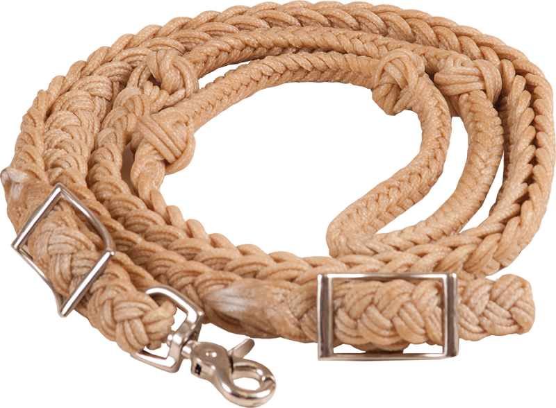 WAXED NYLON KNOTTED BARREL REIN 5/8″ X 8′ WITH N.P. HARDWARE
