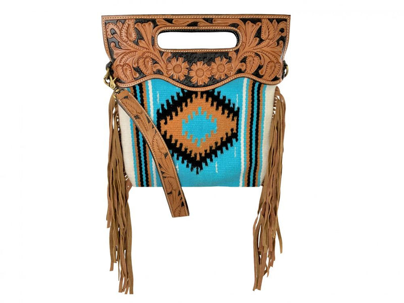BG- 758  Saddle blanket handbag with genuine leather floral tooled handle and carry strap and zip closure.